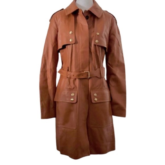 NWT Leather Carlisle Brown & Gold Trench Coat Tan Camel Belted Jacket Large 12 - Picture 1 of 16